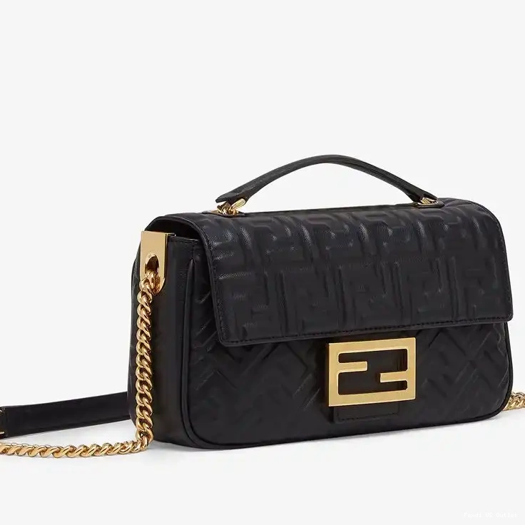 Affordable HOT Chain Black Motif Baguette Leather Midi Fendi Bag Nappa FF In 0523
